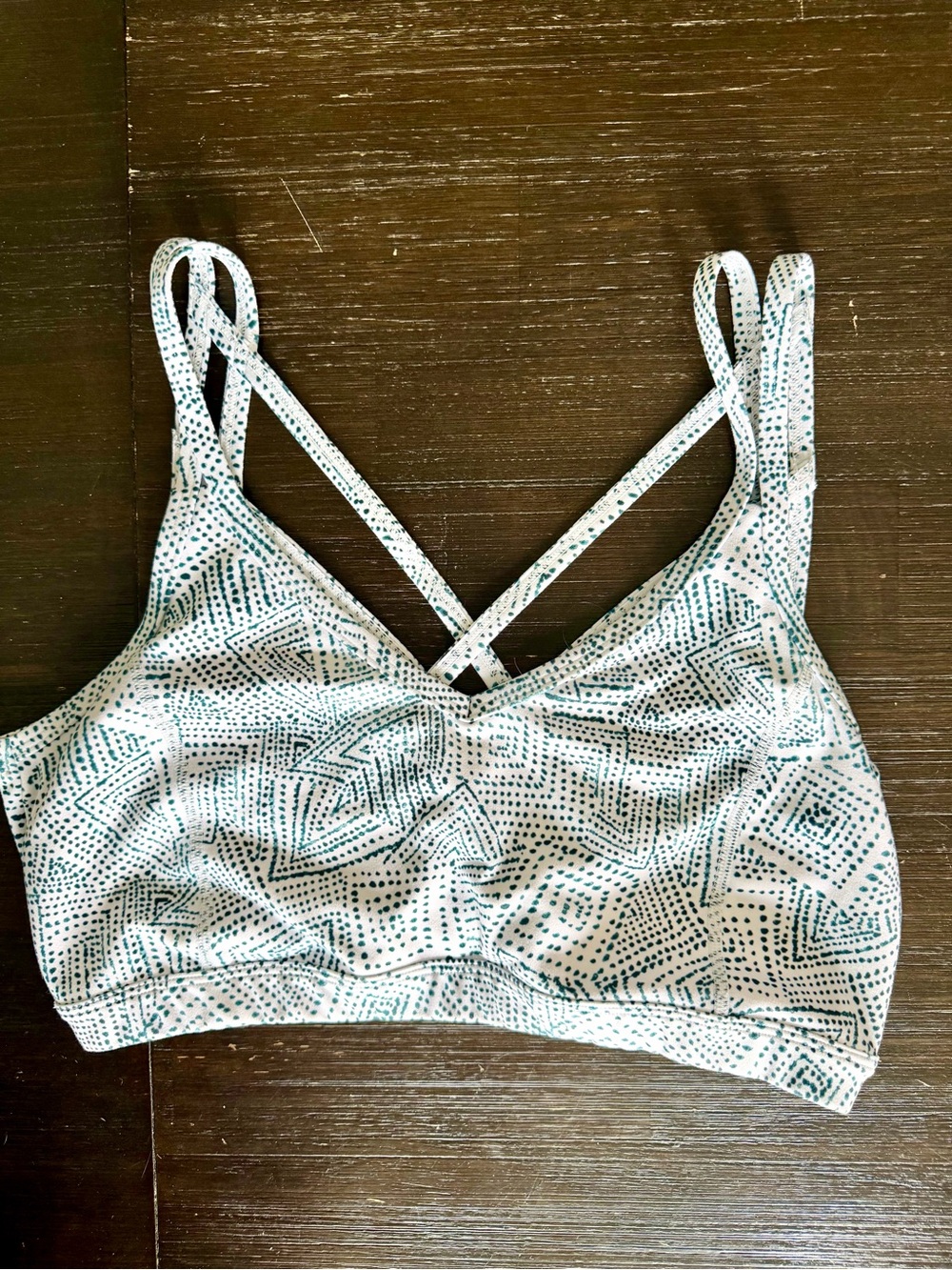 Fabletics White and Teal Geometric Strappy Sports Bra